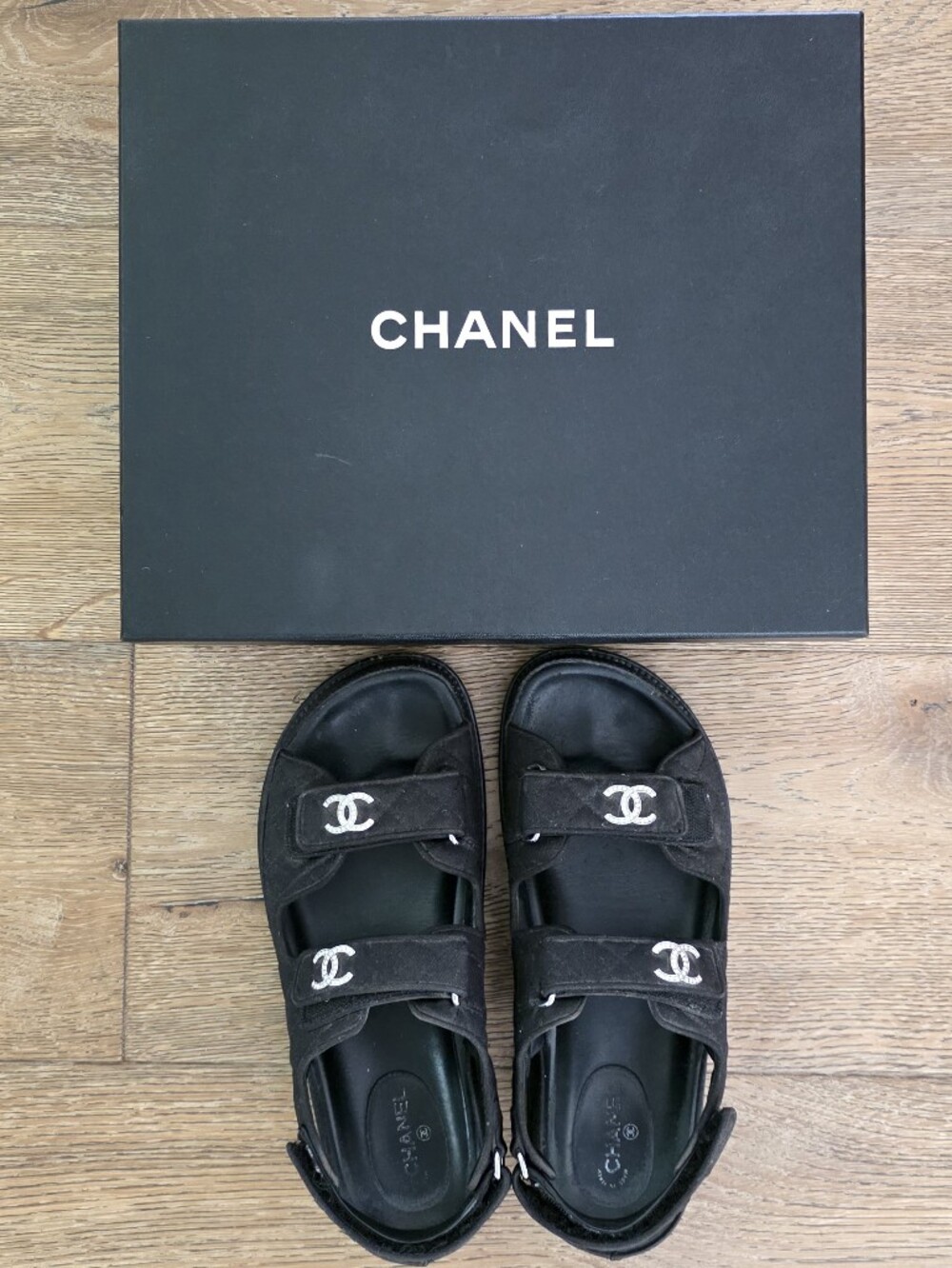 CHANEL Black Mixed Fibers CC-Strap Dad Sandals